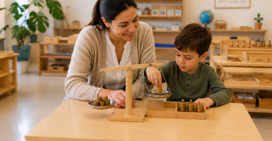 Guía Montessori acompañando a un niño durante una actividad en un aula Montessori preparada.