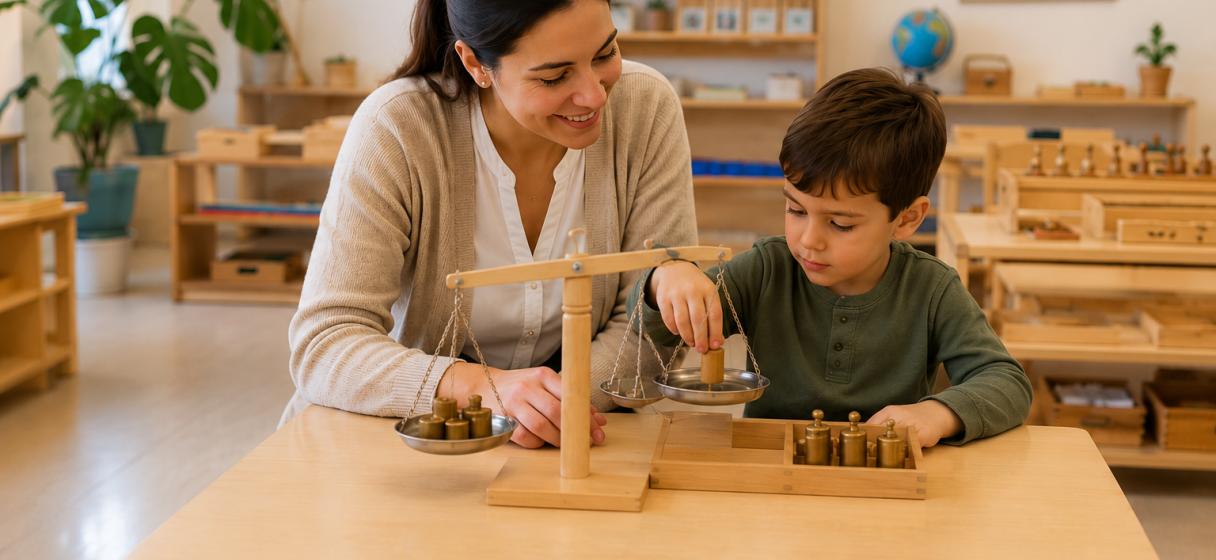 Guía Montessori acompañando a un niño durante una actividad en un aula Montessori preparada.